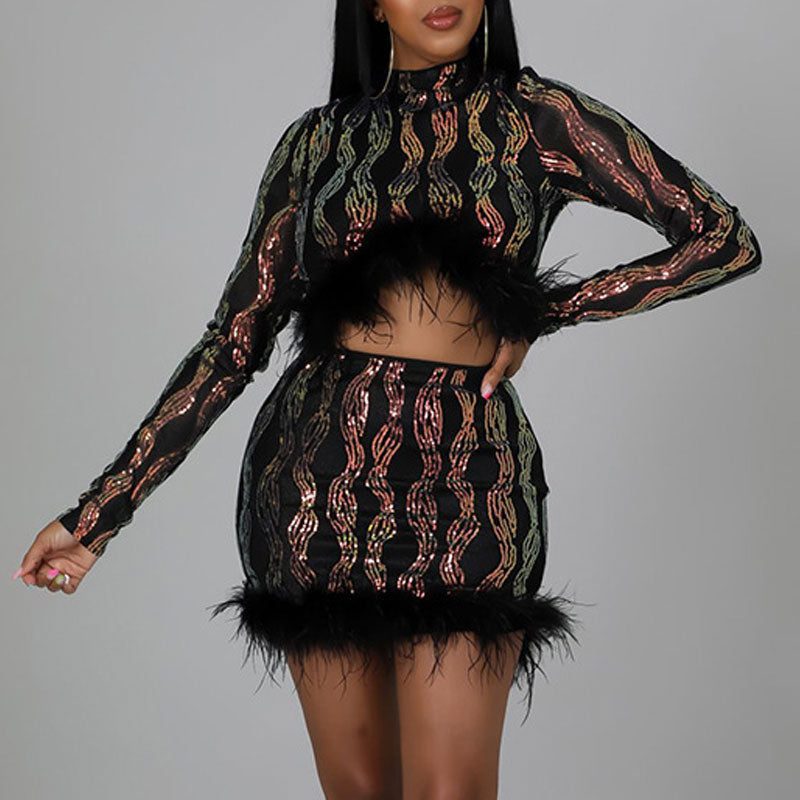 Sequins Long Sleeve Feather Design Crop Top & Skirt Set