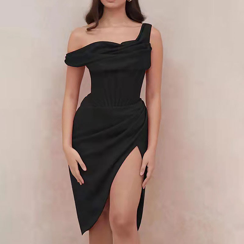 Solid One Shoulder Corset Design Ruched Party Dress