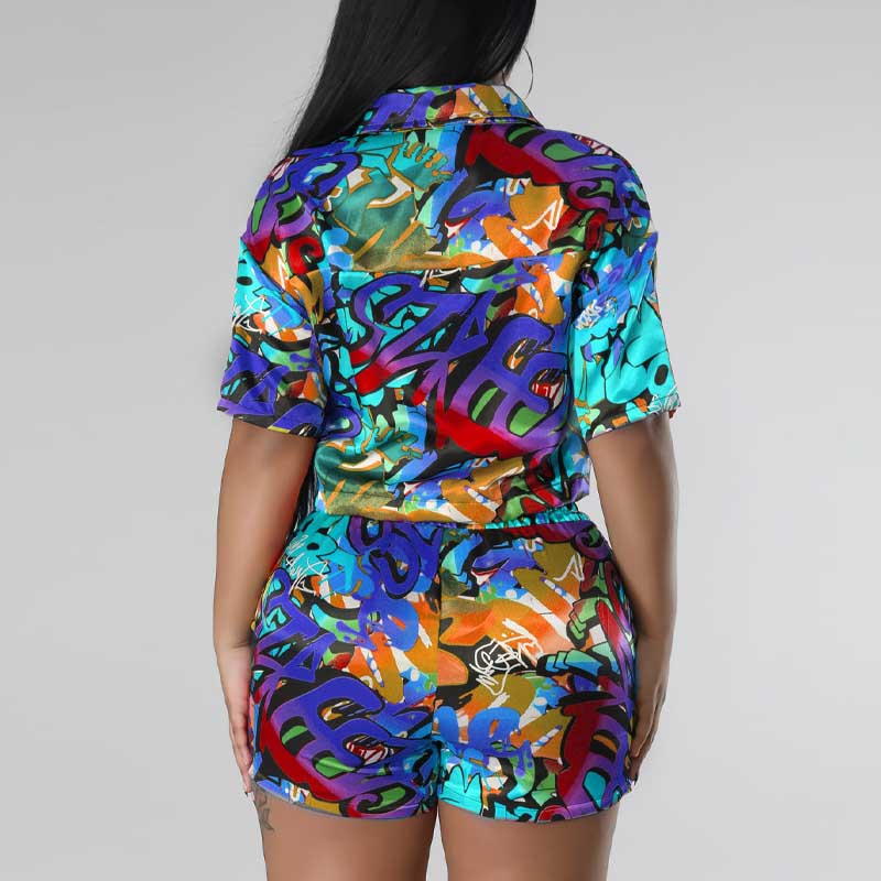 Multi Print Short Sleeve 2PCS Shorts Set