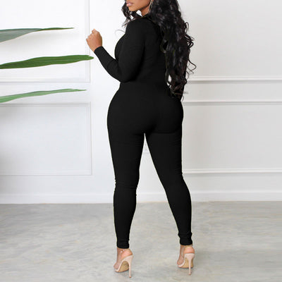 Solid Long Sleeve Zipper Design Skinny Jumpsuit