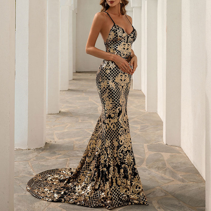 Sequins Deep V-Neck Sleeveless High Slit Train Evening Dress