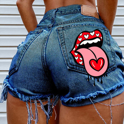 Lips Print High Waist Fringe Hem Denim Shorts