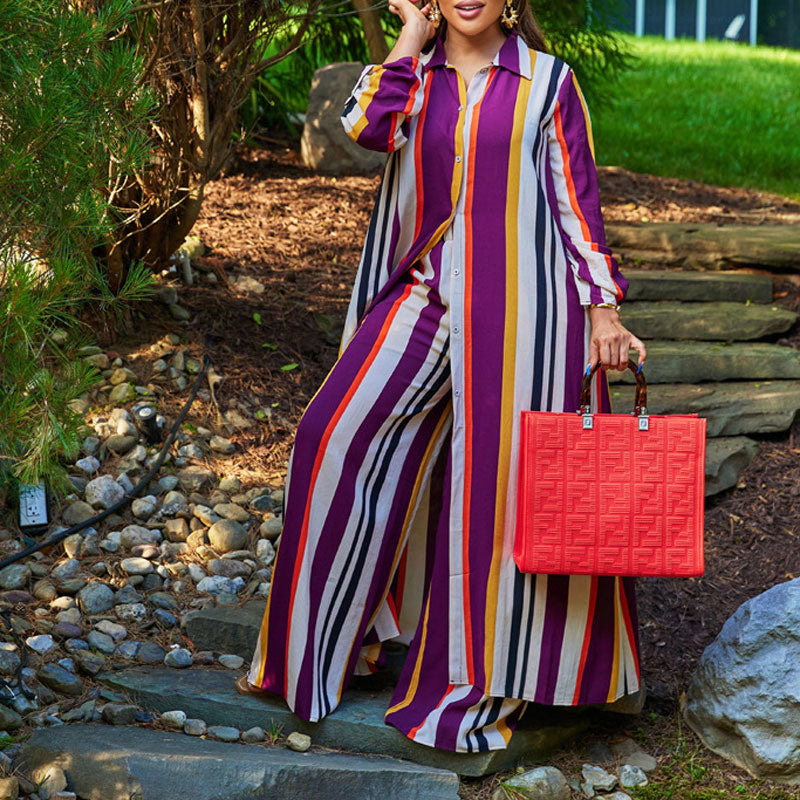 Striped Long Sleeve Shirt Dress & Wide Leg Pants Set