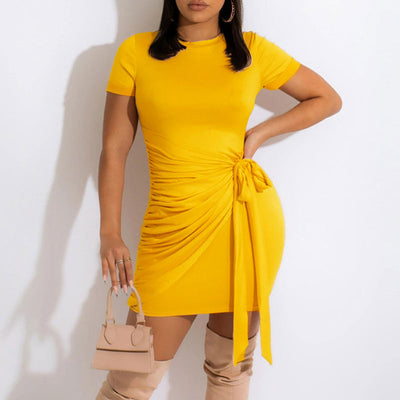 Solid Short Sleeve Ruched Bodycon Dress