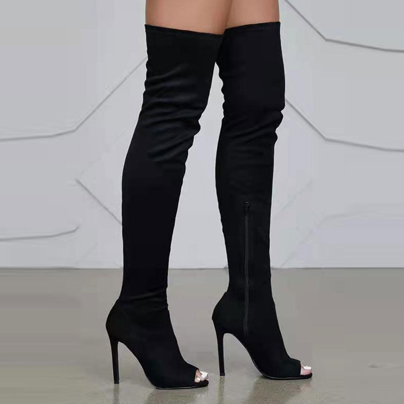 Solid Peep Toe Zipper Design Knee-High Boots