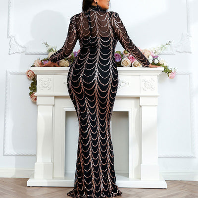 Sequins Turtleneck  Long Sleeve Sheer Mesh  Floor Length Dress