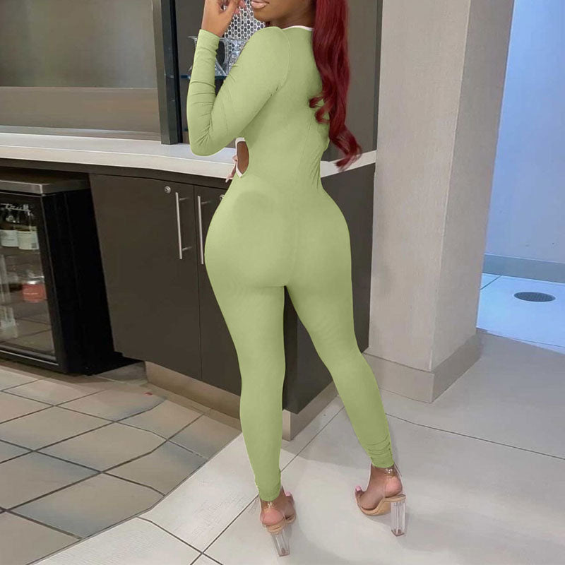 Solid Long Sleeve Cut Out Skinny Jumpsuit