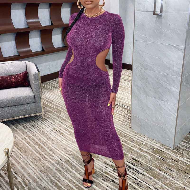 Glitter Long Sleeve Cut Out Midi Dress