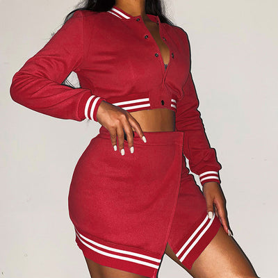 Stripes Pattern Long Sleeve Baseball Coat & Skirt Set