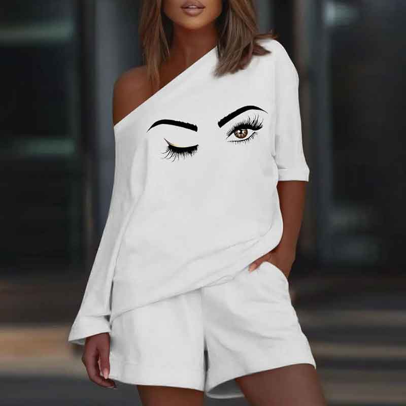 Print Long Sleeve Oblique Shoulder 2PCS Shorts Set