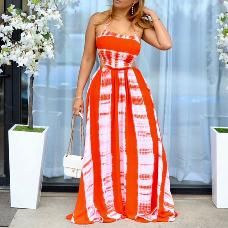 Tie Dye Print Halter Cut Out Maxi Dress