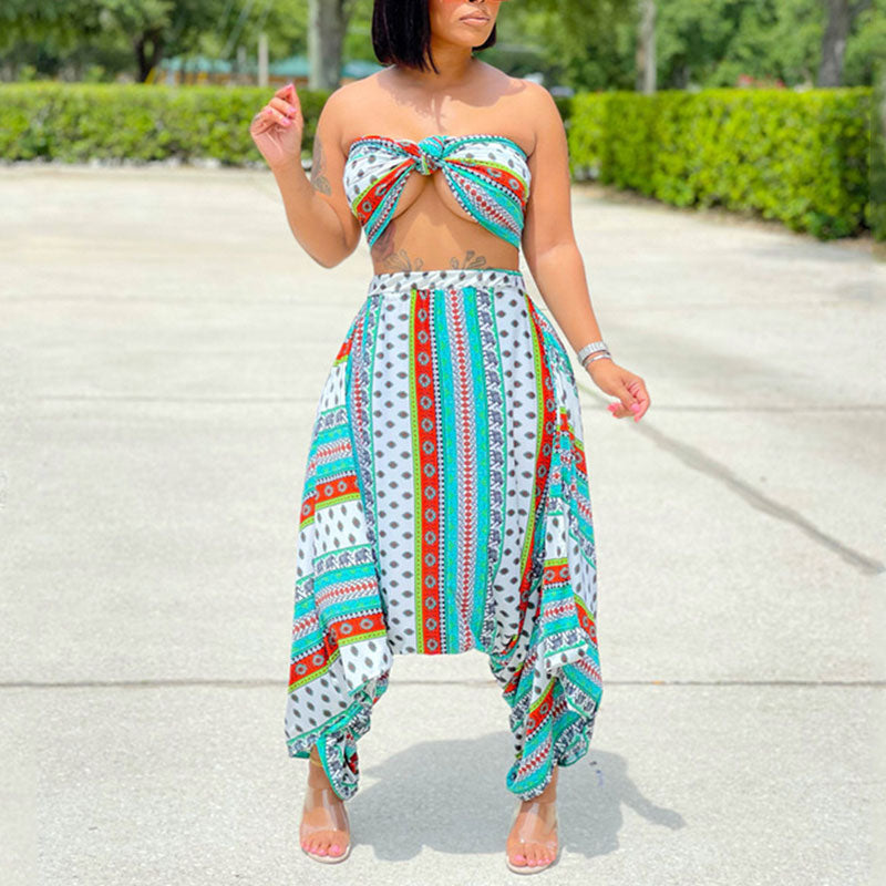 Print Sleeveless Tube Top & Drop Crotch Pants Set