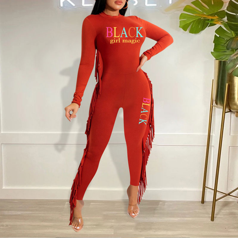 Letter Print Long Sleeve Tassel Design Jumpsuit