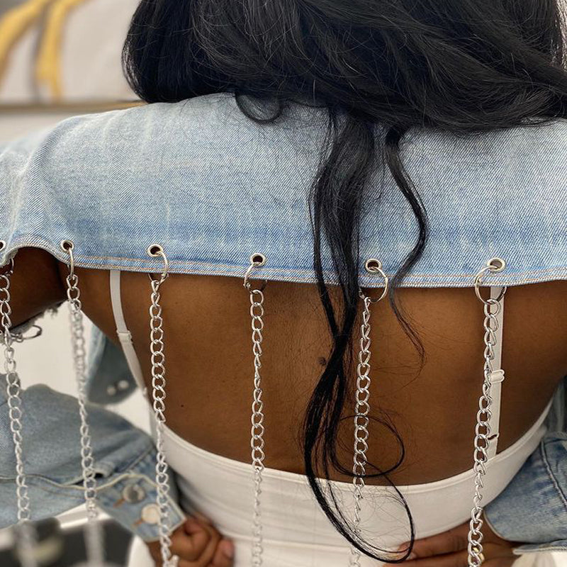 Solid Chains Decoration Cut Out Denim Coat