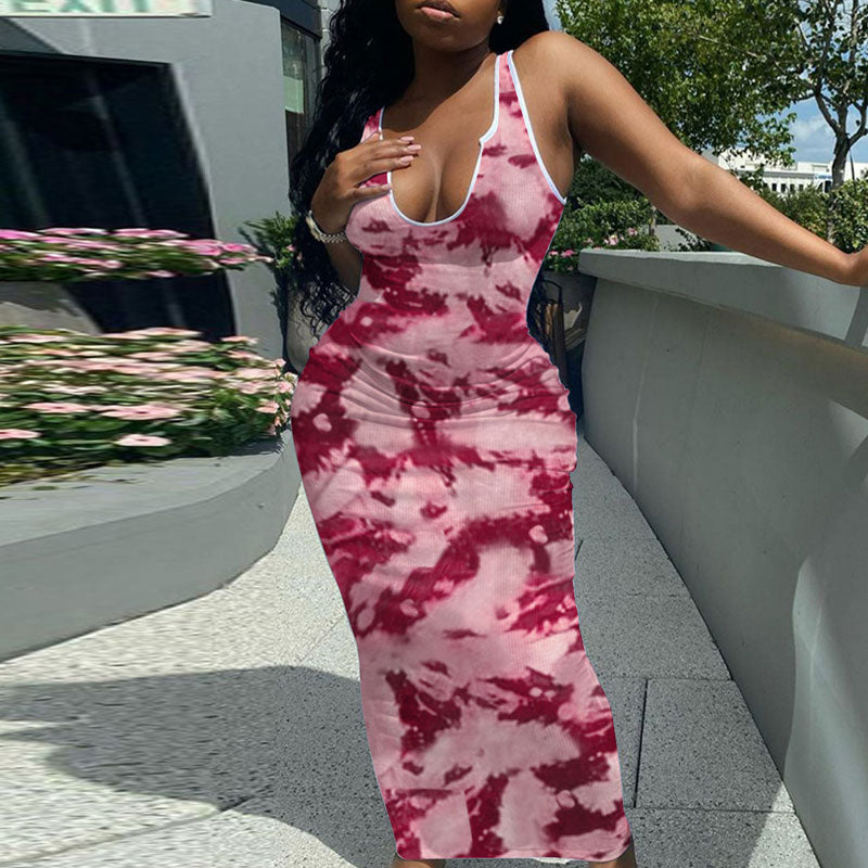 Tie Dye Print Sleeveless V-Neck Maxi Dress