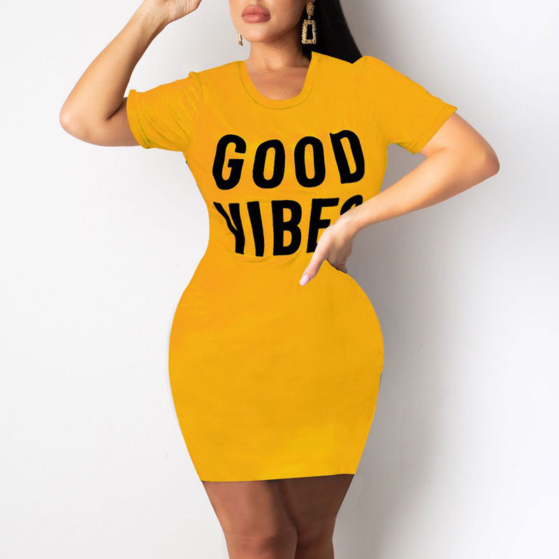 Letter Print Round Neck Bodycon Dress