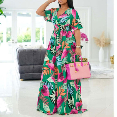 Print V-Neck Short Sleeve Loose Maxi Dress