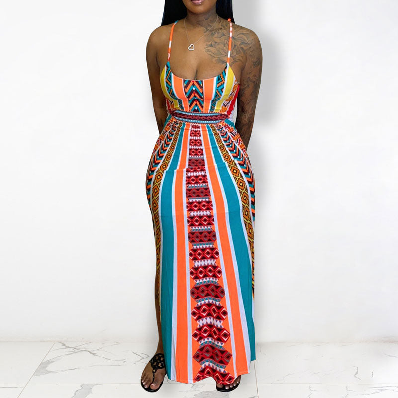 Print Sleeveless Cut Out Slit Maxi Dress