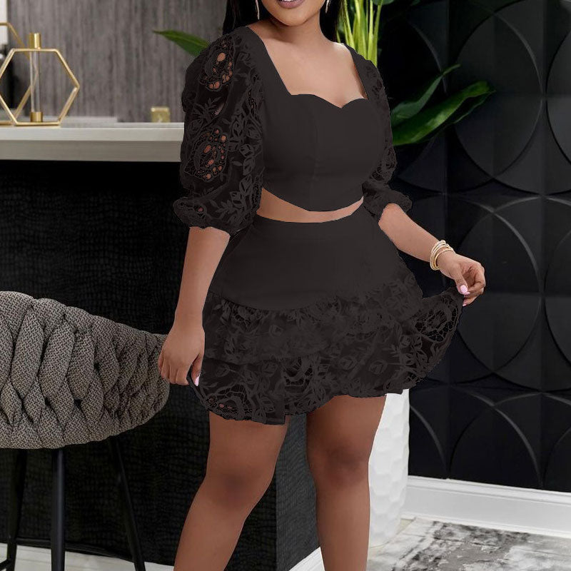 Lace Square Neck Lantern Sleeve Crop Top & Skirt Set