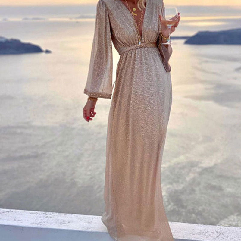 Glitter V-Neck Long Sleeve Maxi Dress