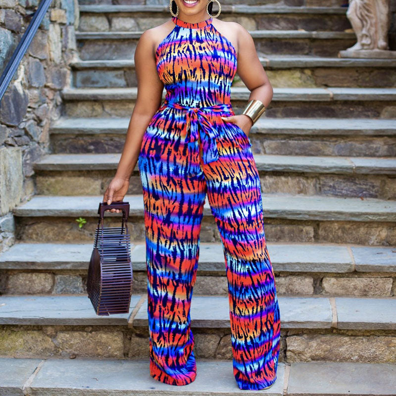 Print Sleeveless Wide Leg Jumpsuit With Belt