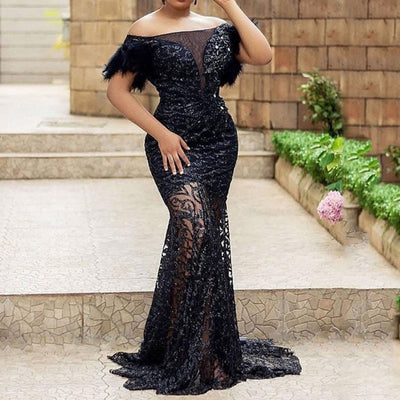 Sequins Off Shoulder Feather Design Lace Floor-Length Evening Dress