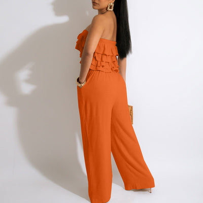 Solid Off Shoulder Lace Up Tube Top & Wide Leg Pants Set