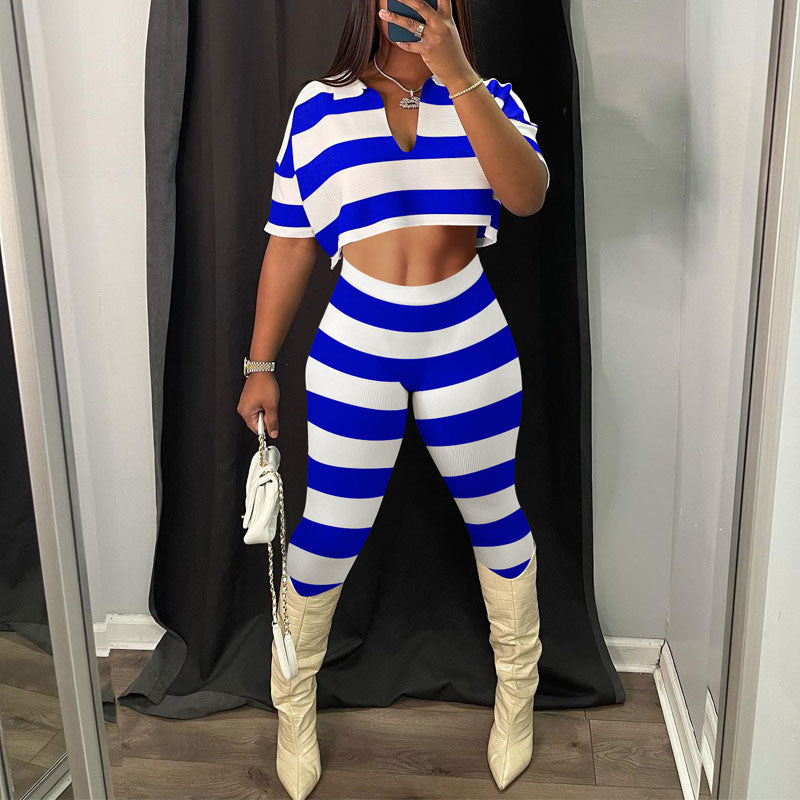 Striped Short Sleeve Rib-Knit Crop Top & Pants Set