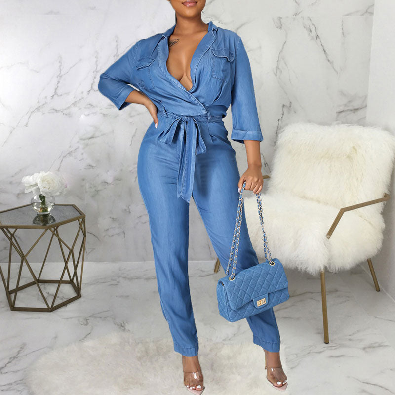 Solid Long Sleeve Denim Jumpsuit With Belt