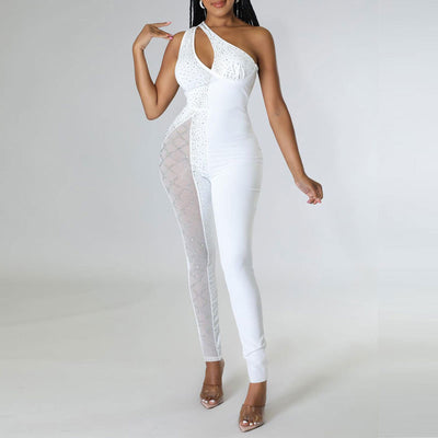 Rhinestone One Shoulder Sleeveless Sheer Mesh Patchwork Jumpsuit