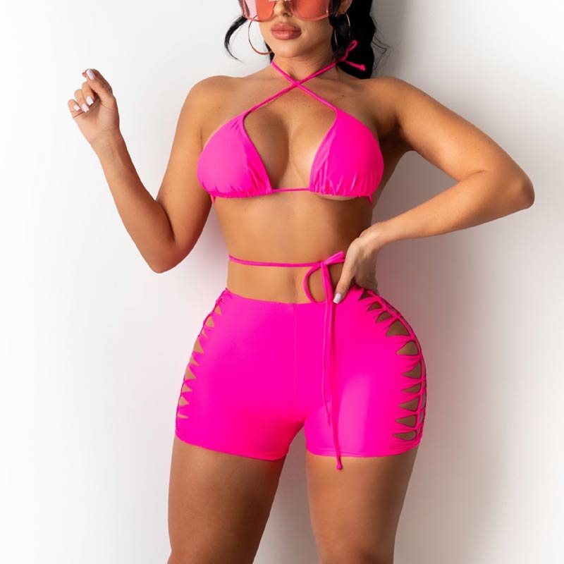 Solid Halter Cut Out Shorts Set