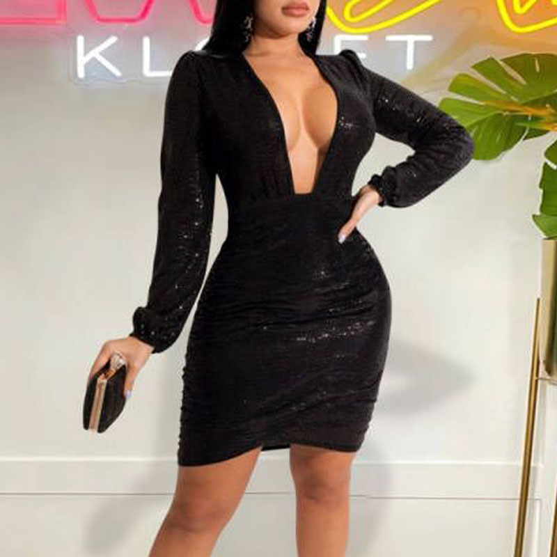 Sequins Deep V-Neck Long Sleeve Bodycon Dress