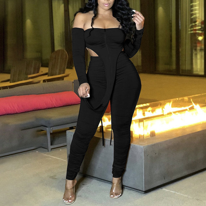 Solid Off Shoulder Irregular Two Piece Set