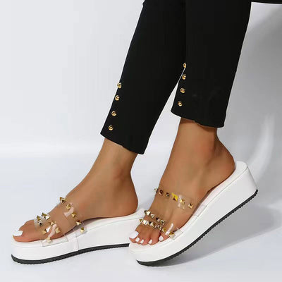 Leopard Print Rivet Decoration Clear Strap Platform Sandals