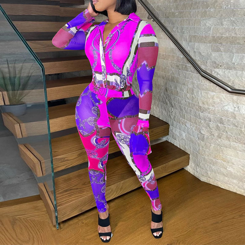 Print Turndown Neck Long Sleeve Jumpsuit