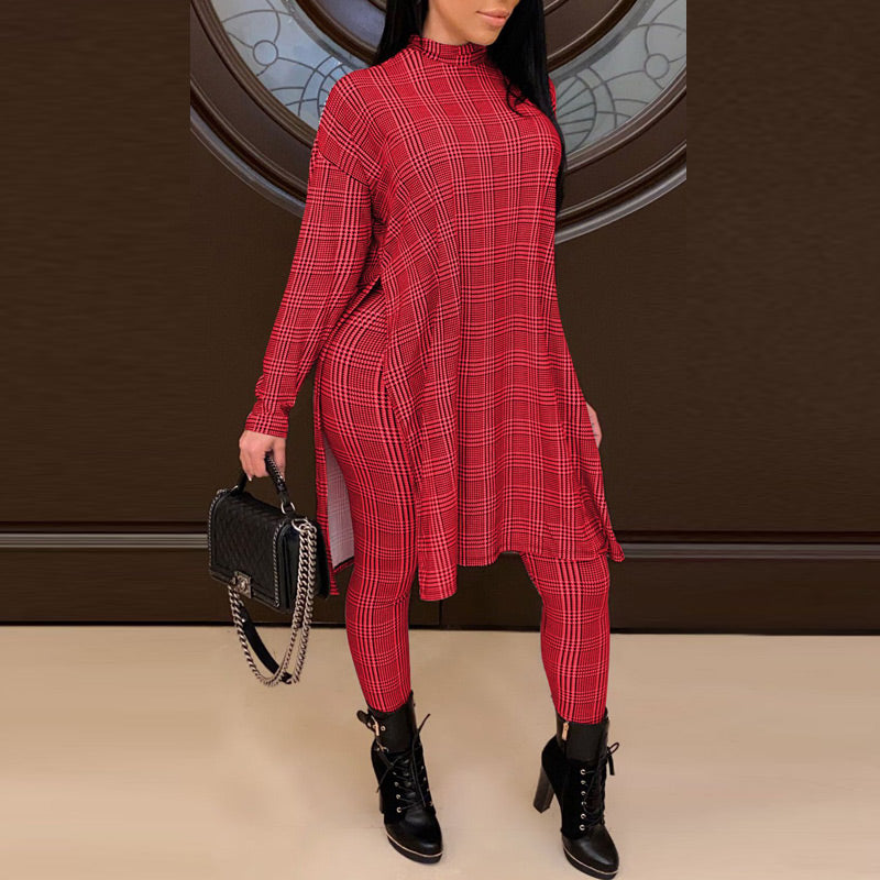 Plaid Long Sleeve High Split Top & Pants Set