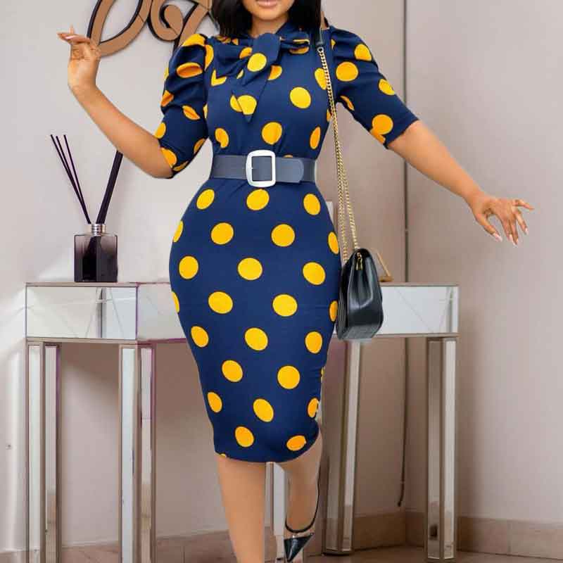 Polka Dot Print Bow Tie Short Sleeve Midi Dress