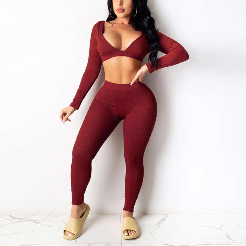 Solid V-Neck Long Sleeveless Crop Top & Pants Set