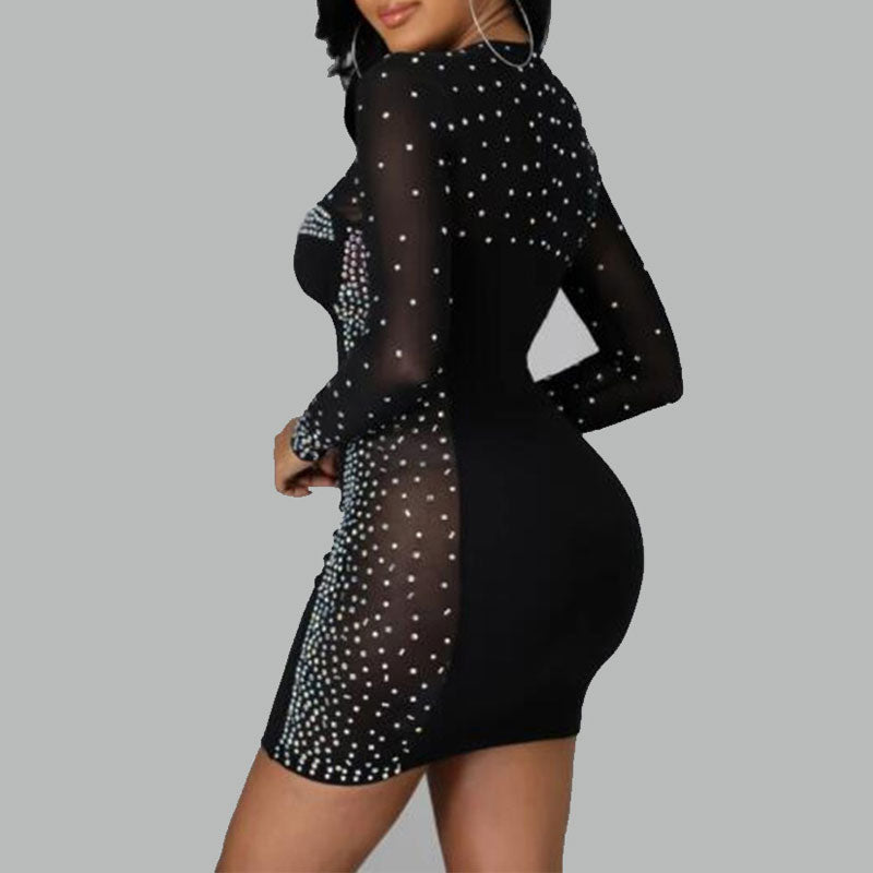 Rhinestone Long Sleeve Sheer Mesh Patchwork Bodycon Dress