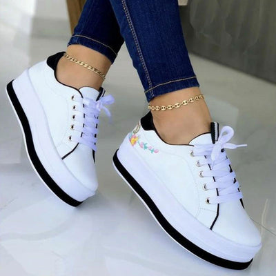 Floral Embroidered Lace Up Platform Sneakers