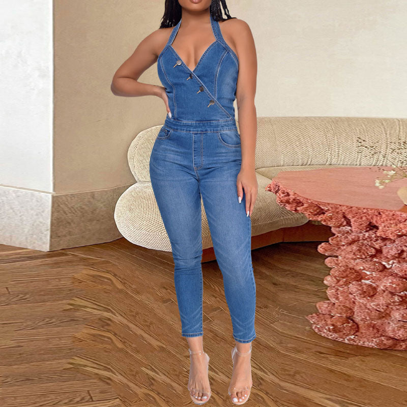 Solid Sleeveless V-Neck Button Detailed Skinny Denim Jumpsuit