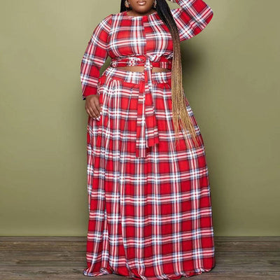 Plaid Pattern Long Sleeve Plus Size Crop Top & Skirt Set