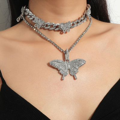 Rhinestone Butterfly Pattern Layered Necklace