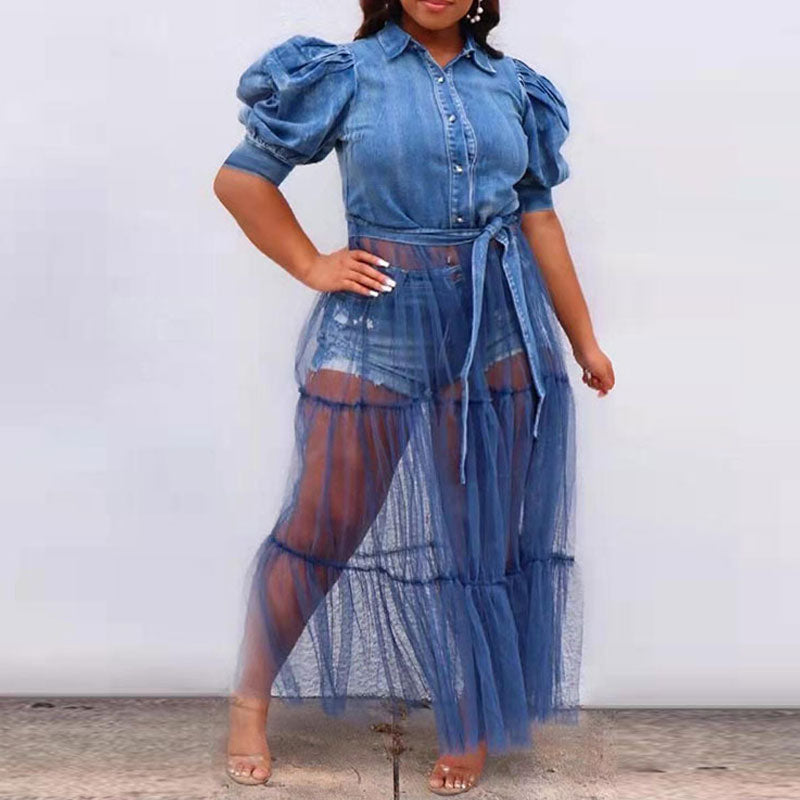 Denim Puff Sleeve Button Detailed Sheer Mesh Patchwork Plus Size Dress