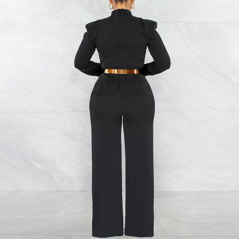 Solid Long Sleeve Cut Out Wide Leg Jumpsuit