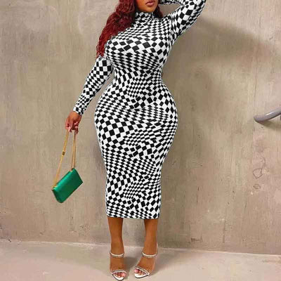 Print Long Sleeve Plus Size Midi Dress