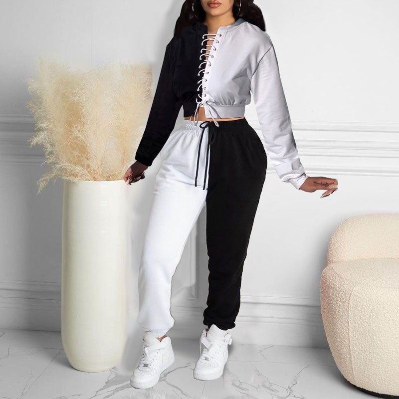 Colorblock Long Sleeve Eyelet Lace Up Blouse & Pants Set