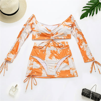 Tie Dye Long Sleeve 3 PCS Bikini Set Swimwear