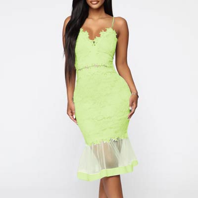 Floral Pattern Sleeveless Lace Sheer Mesh Fishtail Dress