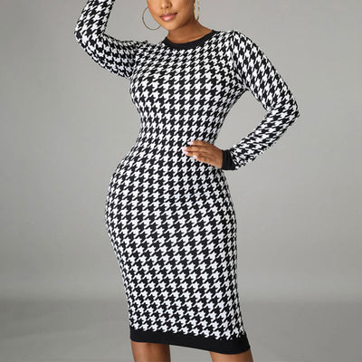 Houndstooth Pattern Round Nack Long Sleeve Back Cut Out Bodycon Dress